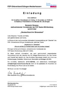 Einladung zum 30. Kurpfälzer Abendessen der FDP