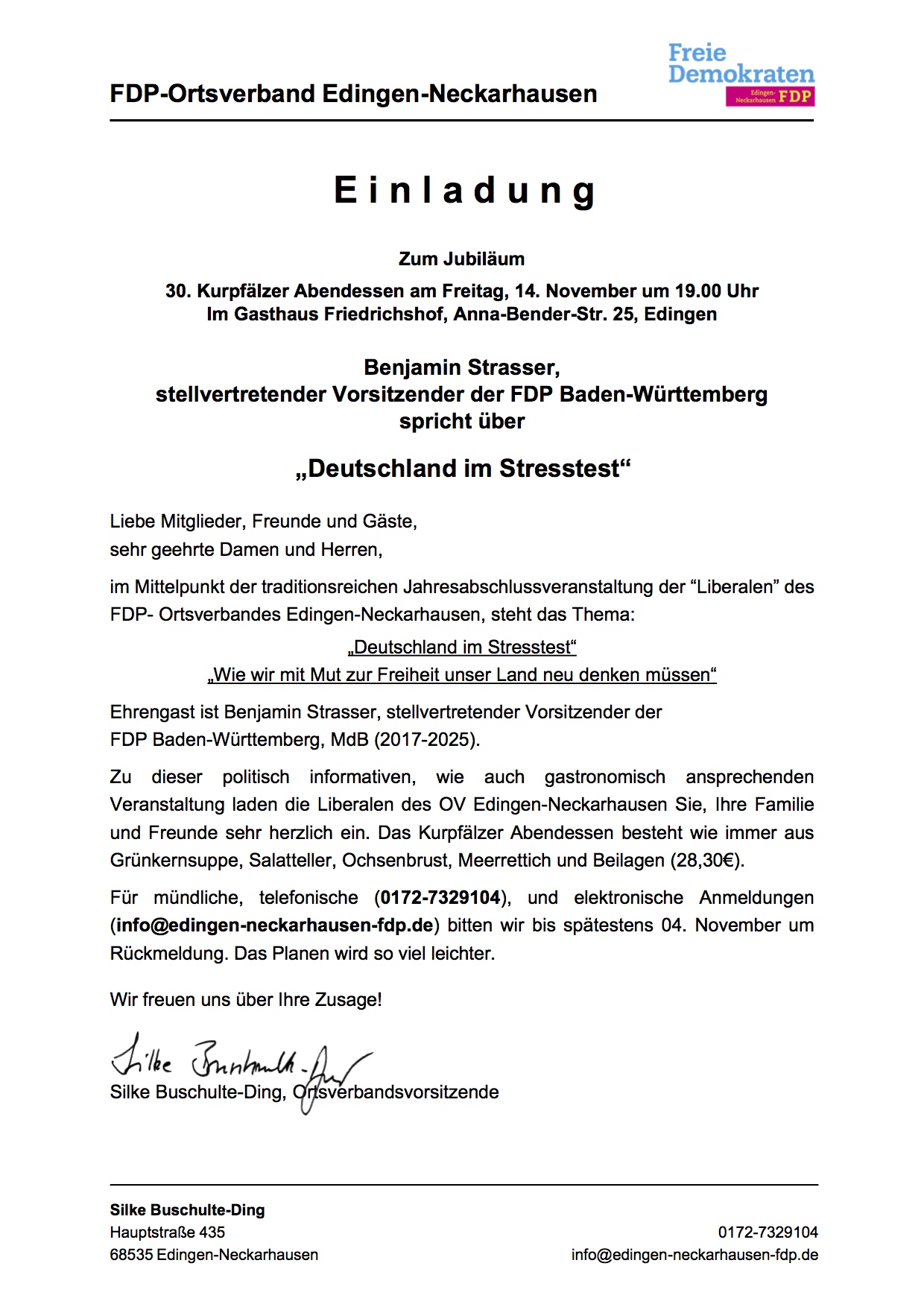 Einladung zum 30. Kurpfälzer Abendessen der FDP